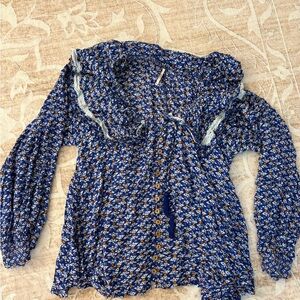 Free People Navy Floral Blouse with Cream Trim Size Small
